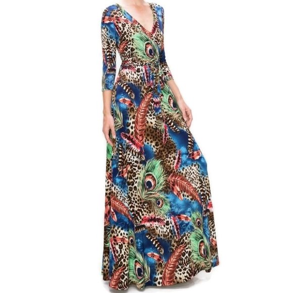 Janette Fashion Peacock Leopard Feathers Faux Wrap Maxi Dress - Picture 2 of 4